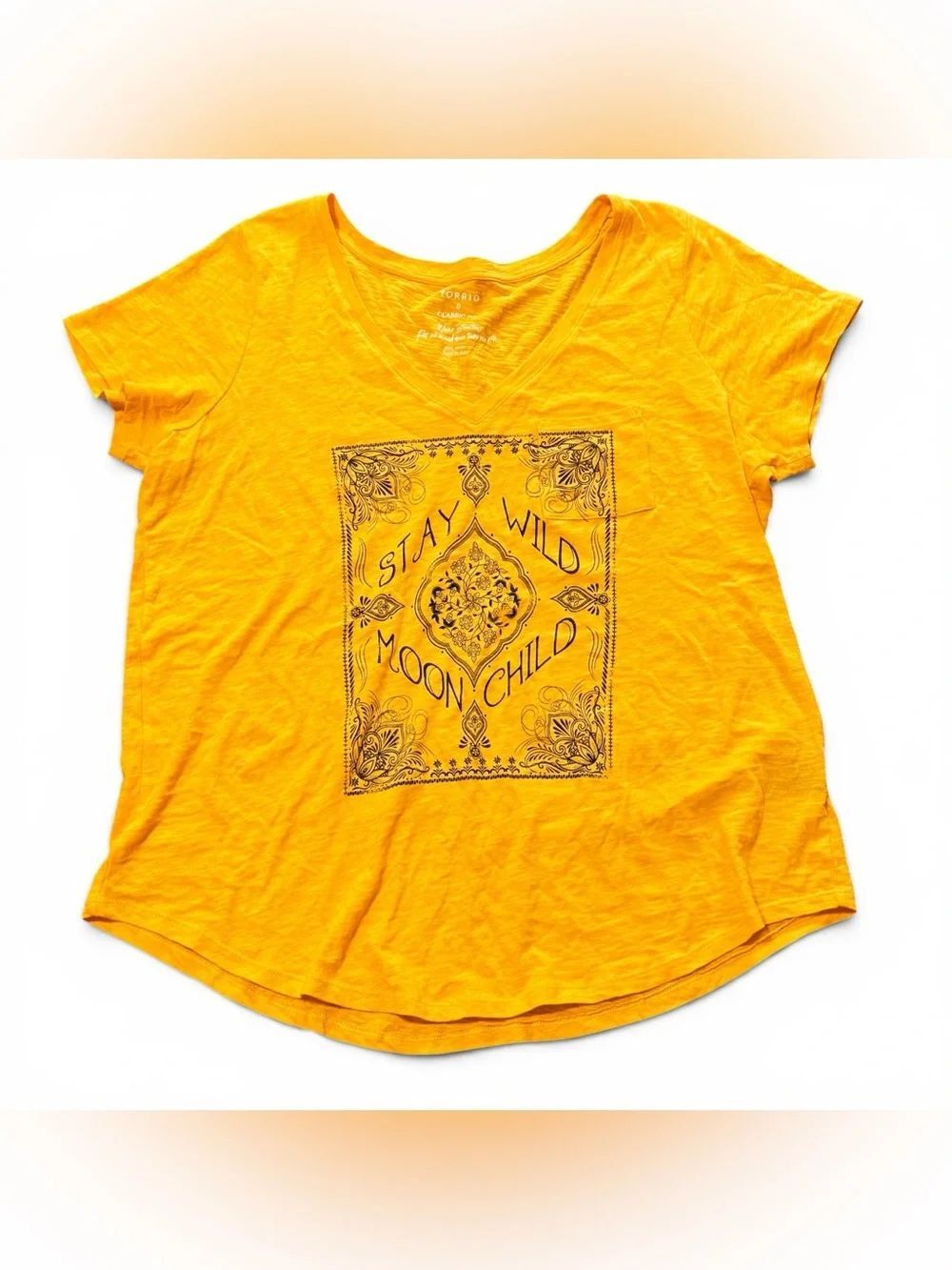 Torrid Yellow V-neck Graphic T-shirt Bohemian "Stay Wild Moon Child" 0=L